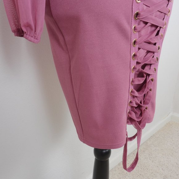 Iris Mauve Pink Sheer Mock Neck Long Sleeve Corset Lace Up SZ S Sexy Y2K Dress - Picture 12 of 14